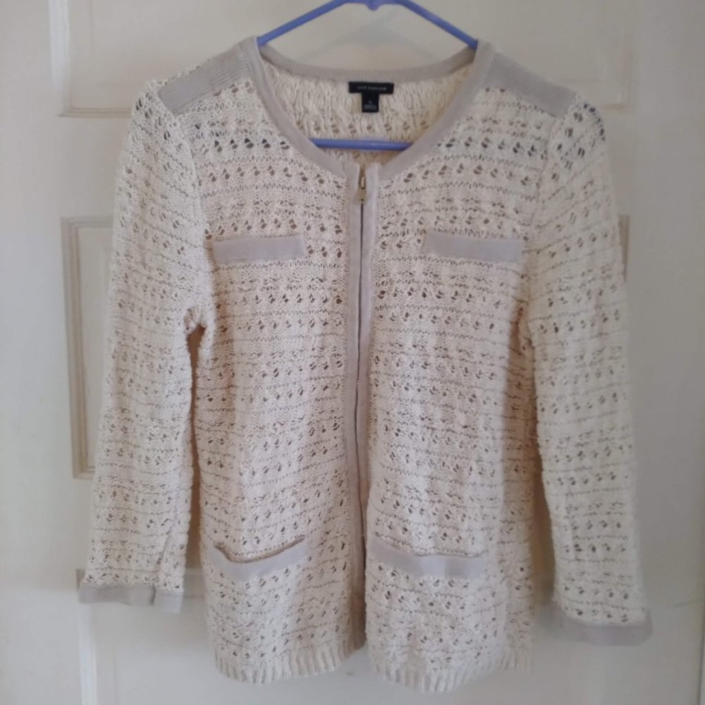 ANN TAYLOR Women's Full Zip Crochet Cardigan Sweater. Beige / Ivory Size. S